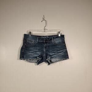 REQUEST JEANS Short Shorts Juniors 7/28 Blue Medium Wash Frayed Distressed Bling